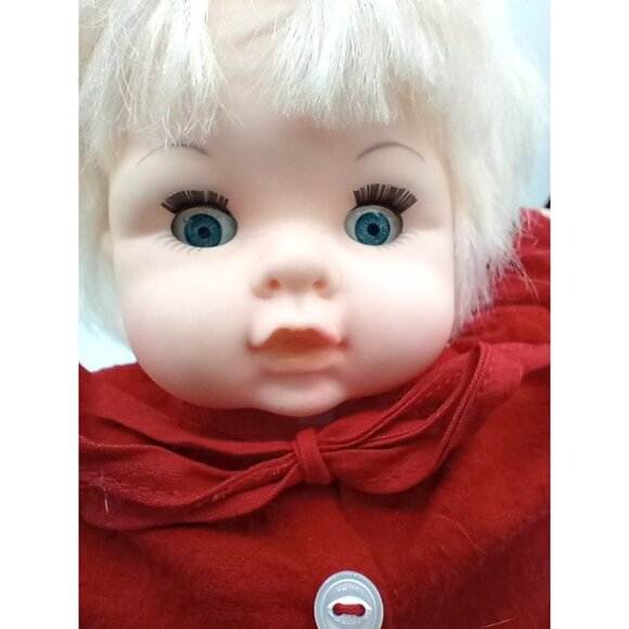 Eugene Girl Baby Doll in Red Sweater Vintage Blue Eyes Open Close Blond Hair - Picture 3 of 16